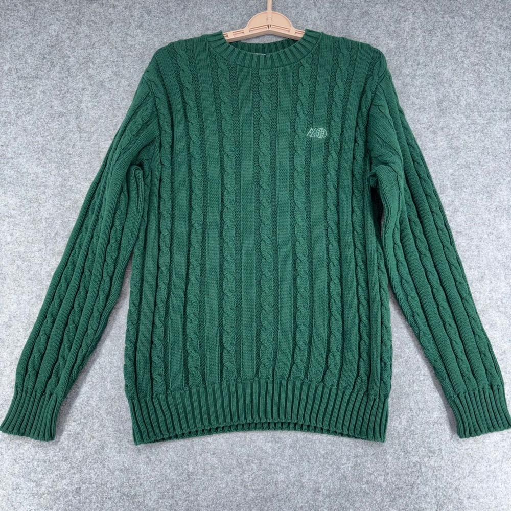 Vintage Forest Green Cable Knit Sweater Cotton Crew Neck Pullover Medium USA